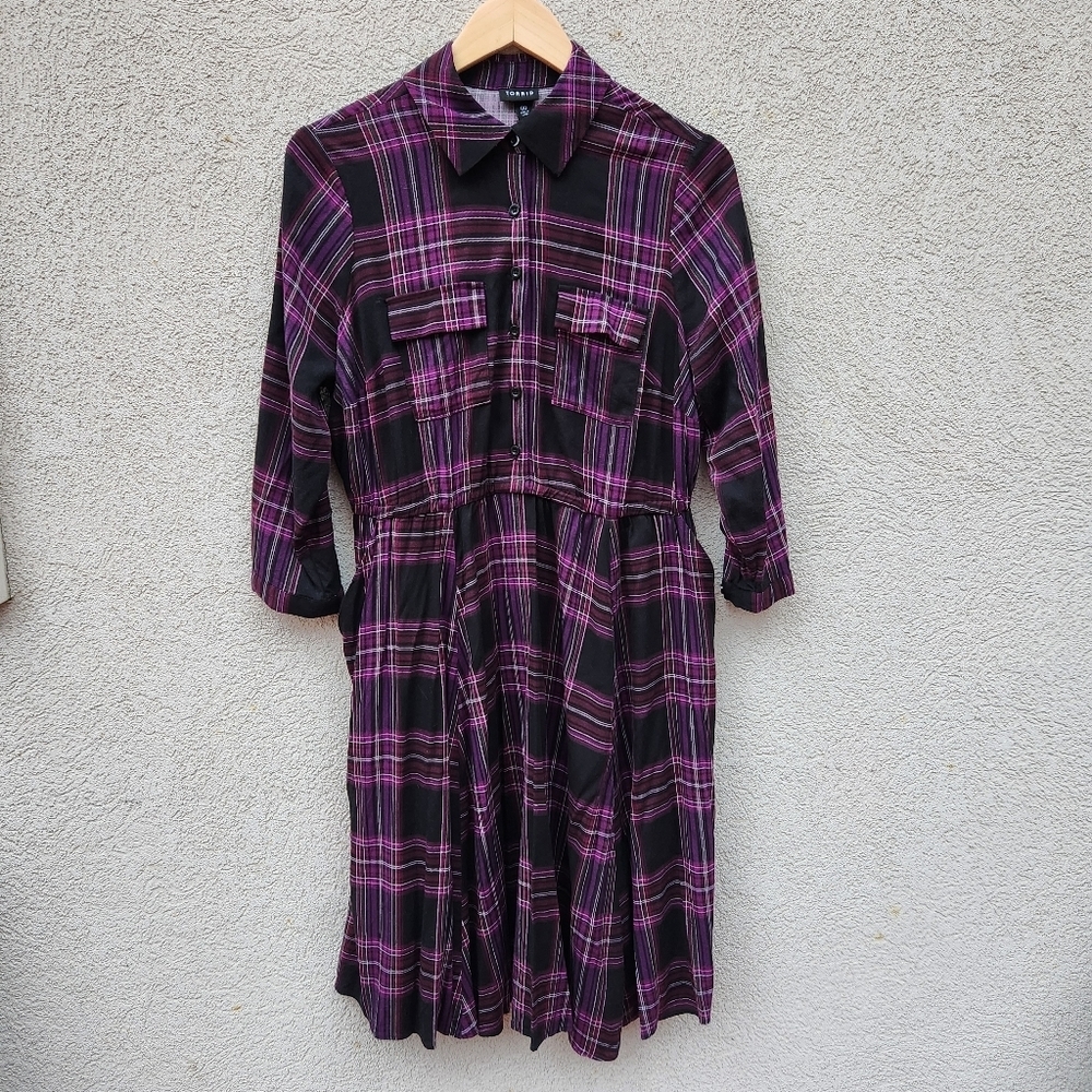 Torrid Dress Women's 00 Medium Purple Black Plaid Long Sleeve Challis No Belt - Picture 1 of 10